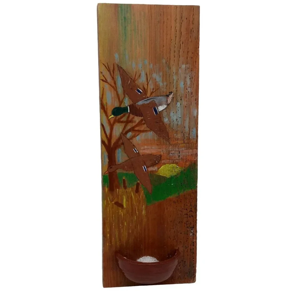 Duck Folk Art Barnwood Wall Pocket Plant Holder Handpainted Mallard OOAK 16 Inch